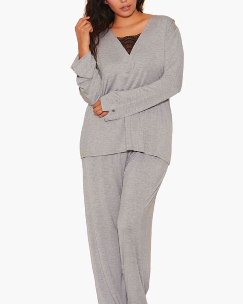 Front of a model wearing a size 1X Brea Long-Sleeve Pajama Set in Gray by iCollection. | dia_product_style_image_id:253821